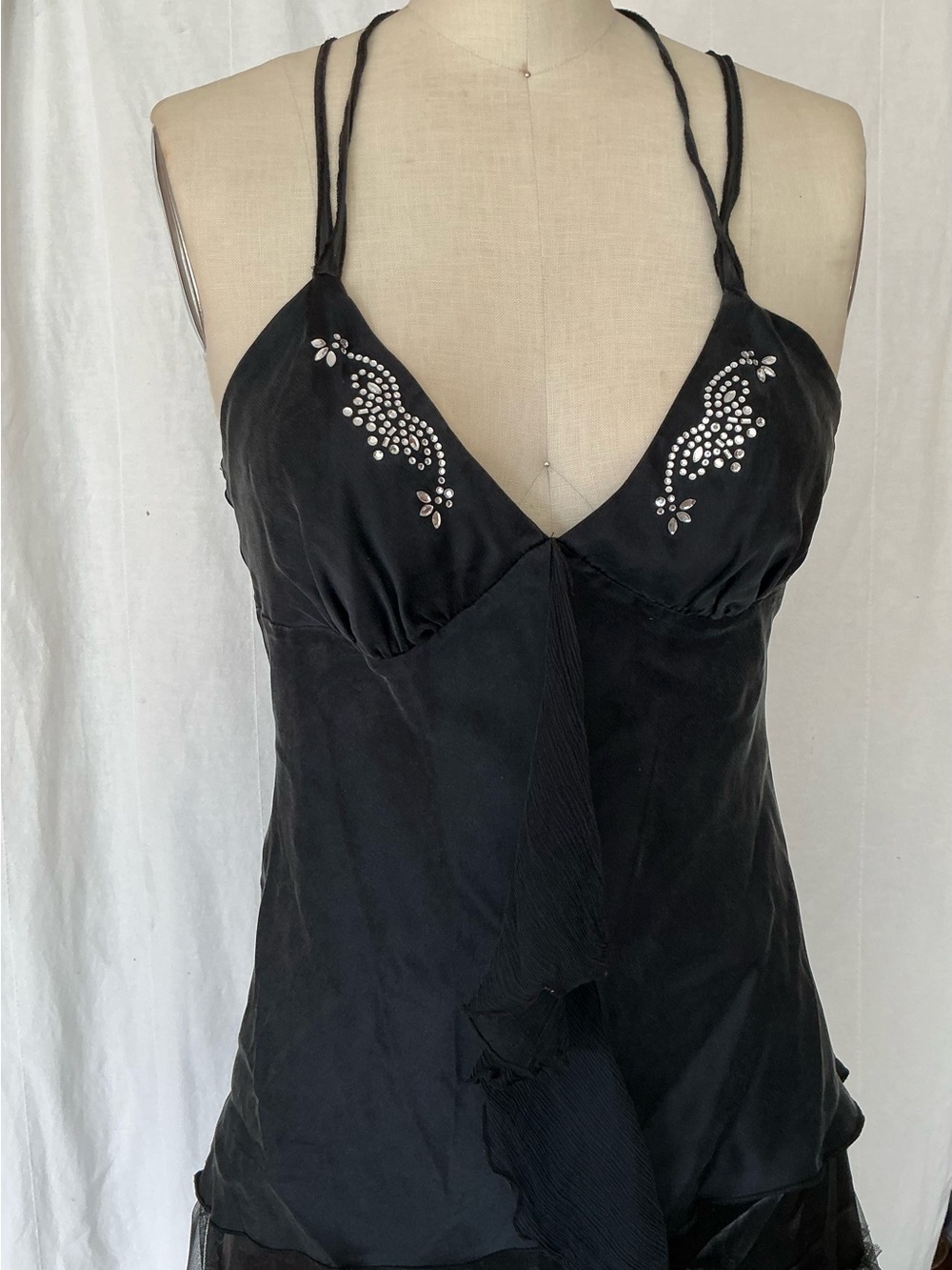 Single Black Beaded Satin Silk Halter Camisole